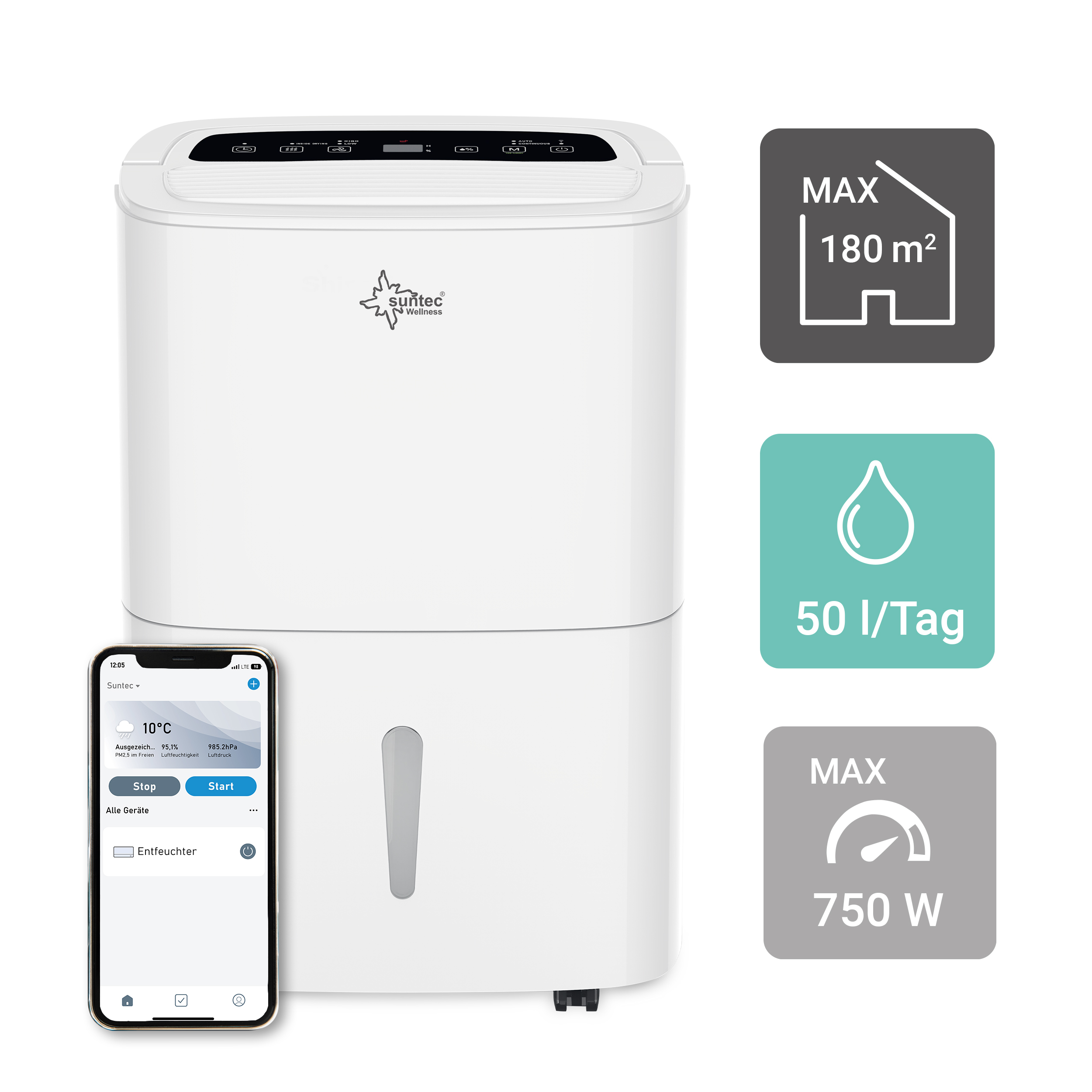 Smarter WLAN-Luftentfeuchter mit Timer und App, 12 Liter/Tag - Ihr